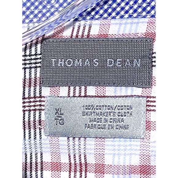 Thomas Dean Button Down Shirt Mens XL Red Blue Plaid Flip Cuff Preppy Classic - Picture 5 of 5